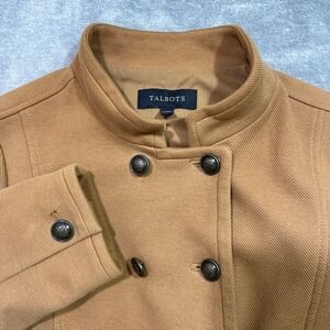 Talbots Double Breasted Jacket Womens 4 Camel Tan Mock Neck Crest Button Twill